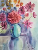 Натюрморт с голубой вазой и хризантемой